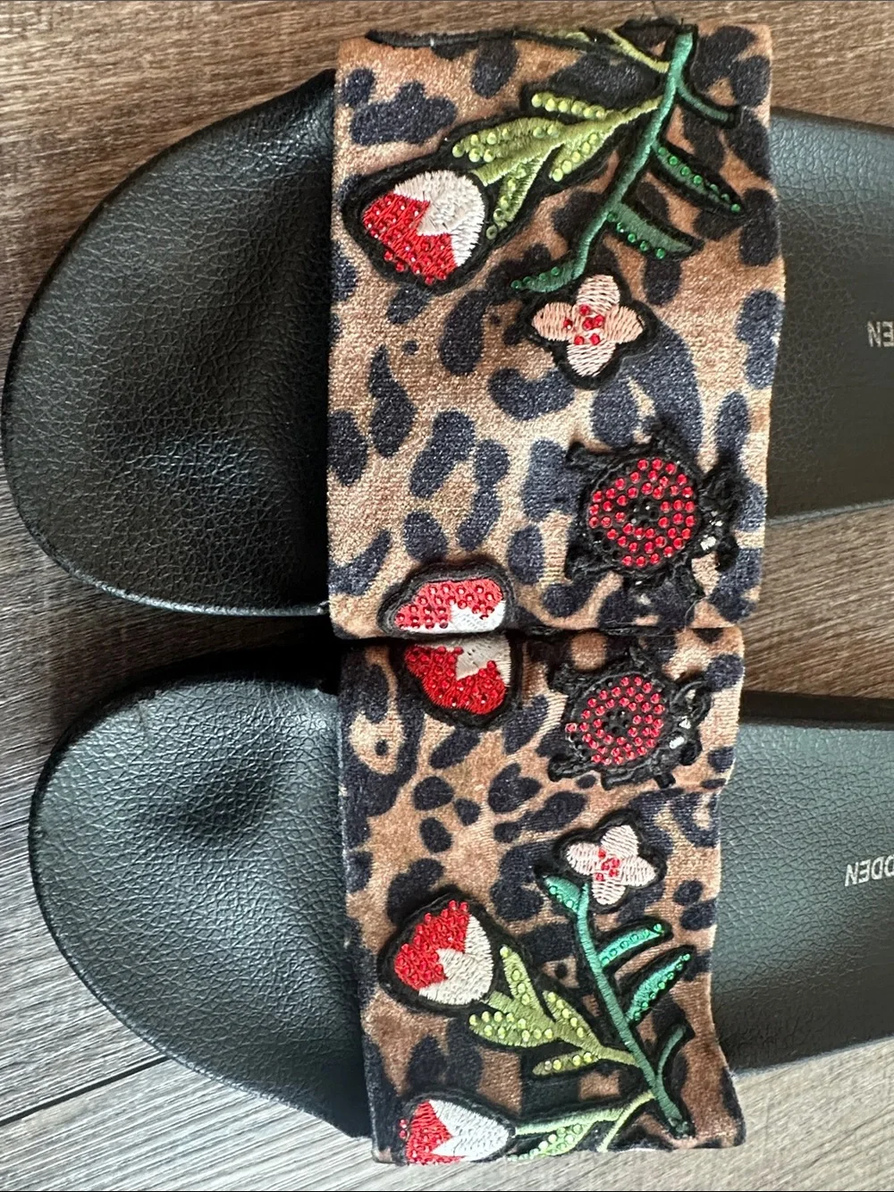 Steve Madden Leopard Slide Sandals with Strawberry Embroidery